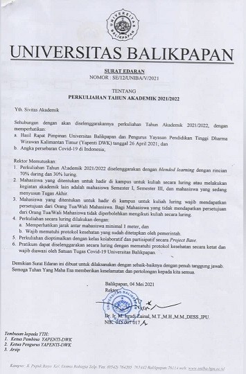 Surat Edaran Perkuliahan Tahun Akademik 2021-2022